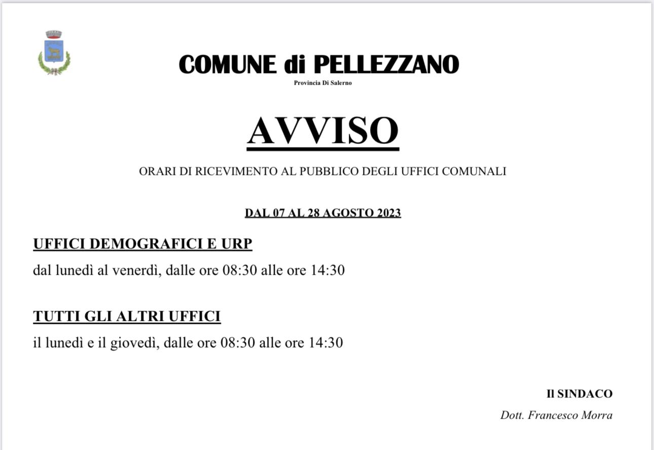 Avviso alla cittadinanza orari uffici comunali agosto 2023