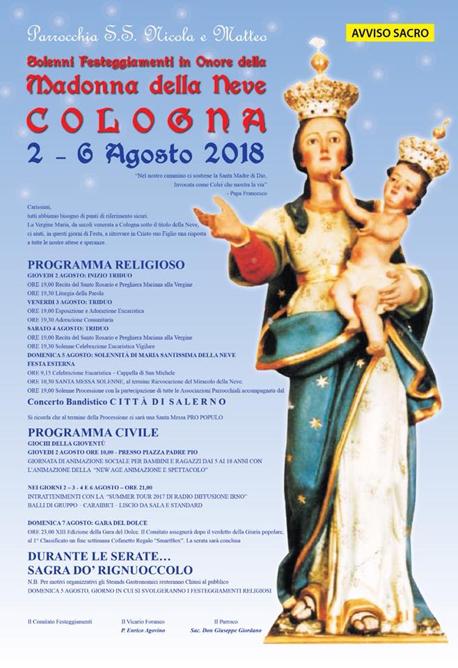 Solenni festeggiamenti in onore della Madonna della Neve