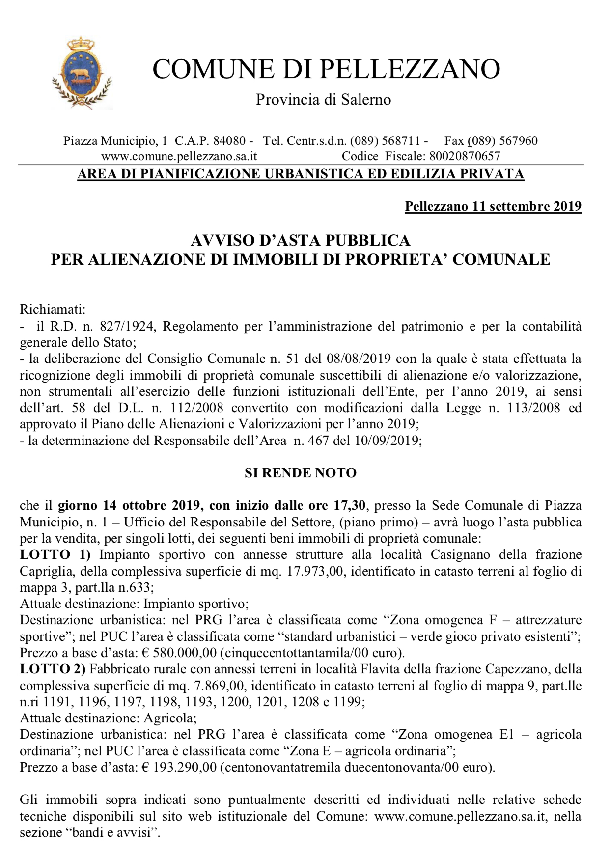 Avviso d’asta pubblica per alienazione di immobili di proprieta’ comunale 