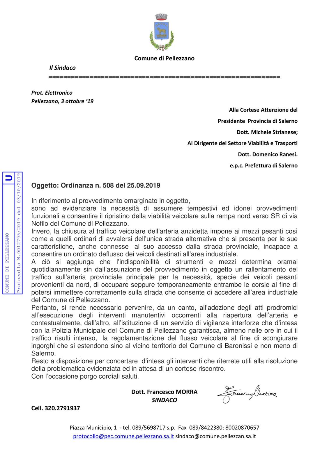 Disagi sulla SR211 di Via Nofilo: il Sindaco Morra scrive alla Provincia per il ripristino di questa strategica arteria di collegamento