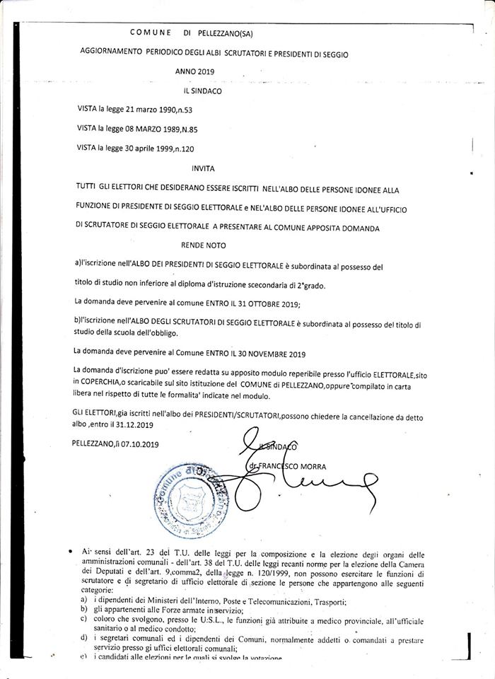 Aggiornamento periodico degli Albi Scrutatori e Presidenti di seggio anno 2019