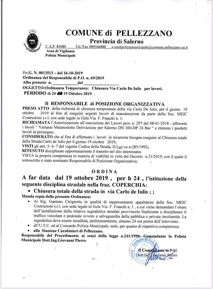Chiusura Via Carlo De Iuliis Sabato 19 Ottobre