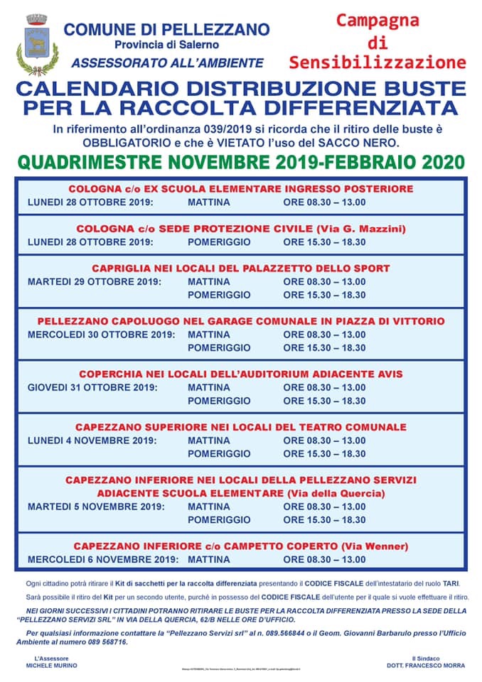 Calendario distribuzione kit raccolta differenziata 