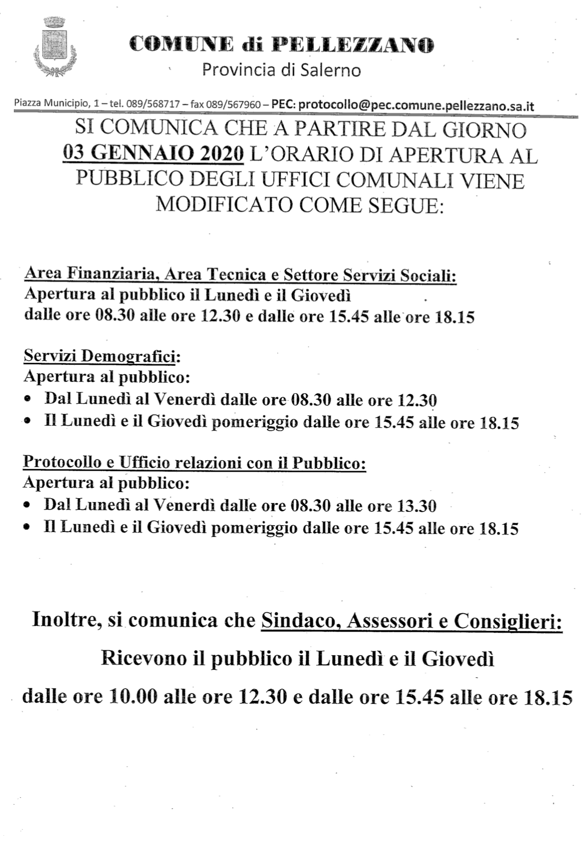 Rimodulazione orario di apertura dell’Ufficio Servizi Demografici