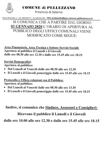 Rimodulazione orario di apertura dell’Ufficio Servizi Demografici