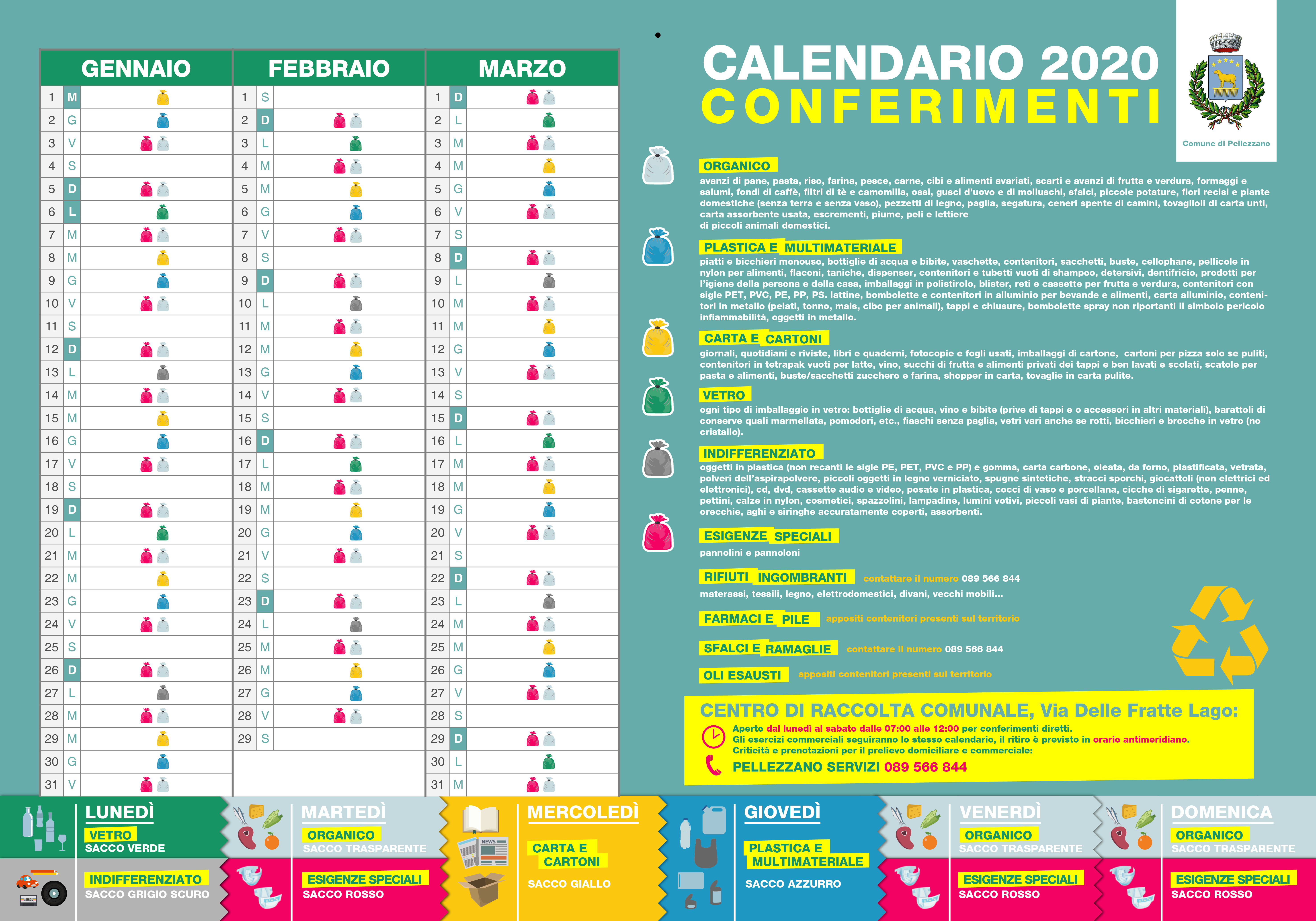 Disponibili da domani i calendari per la raccolta differenziata