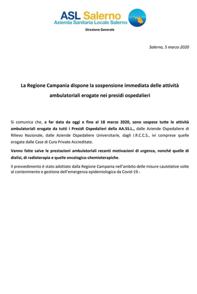 Sospensione attività ambulatoriali nei pressi ospedalieri