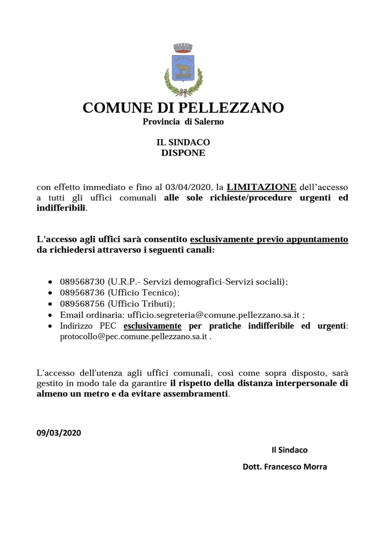 Disposizioni accesso al pubblico uffici comunali 
