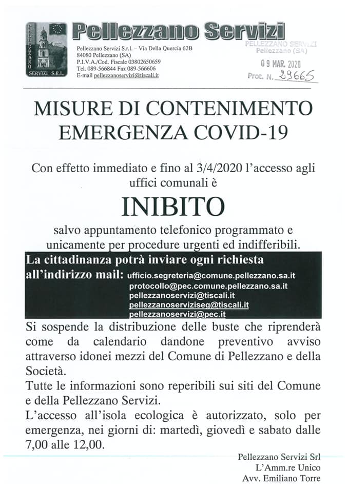 Limitazioni apertura al pubblico Pellezzano Servizi e Centro di Raccolta