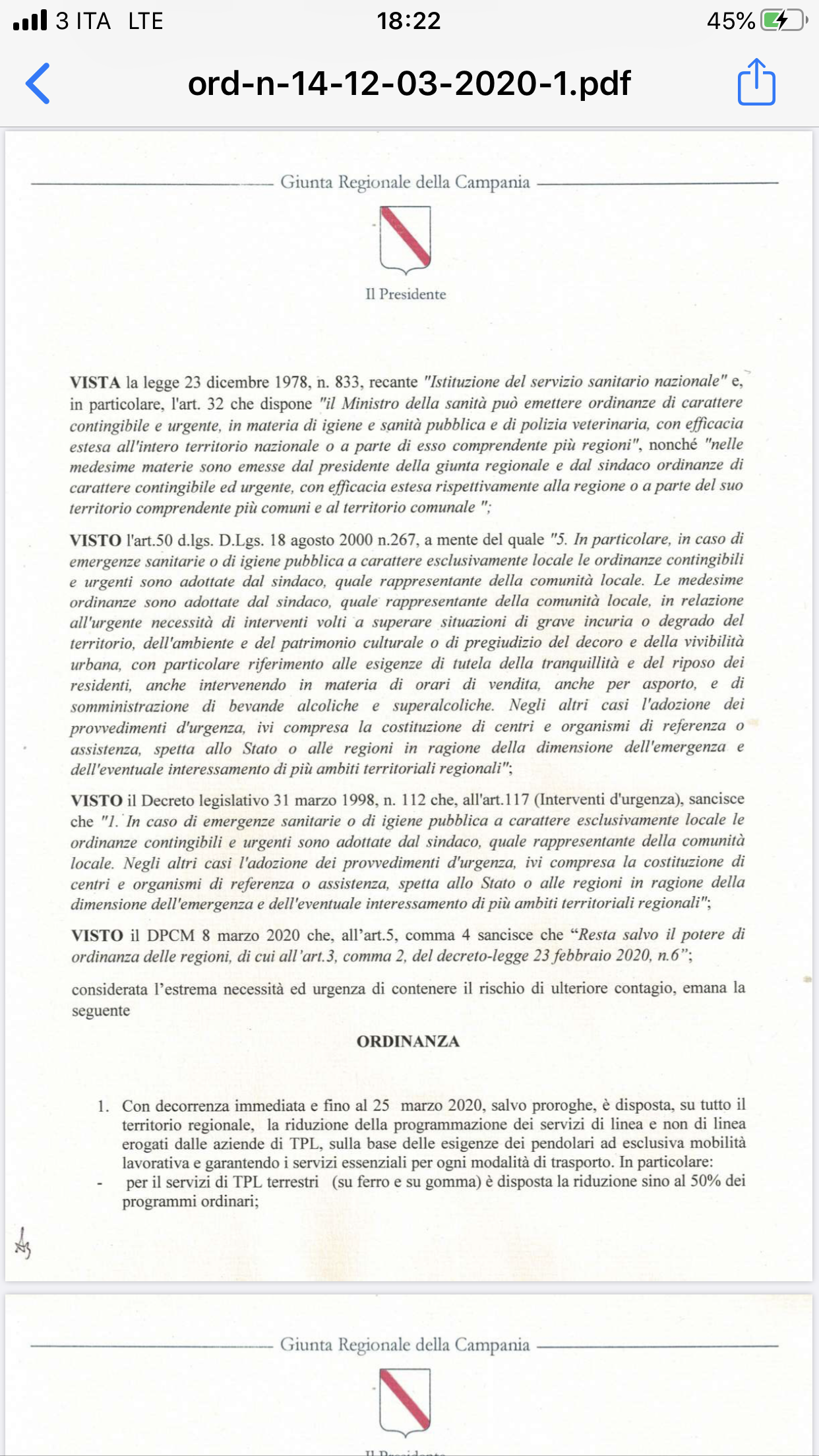 Regione Campania: riduzione trasporto pubblico per emergenza coronavirus 