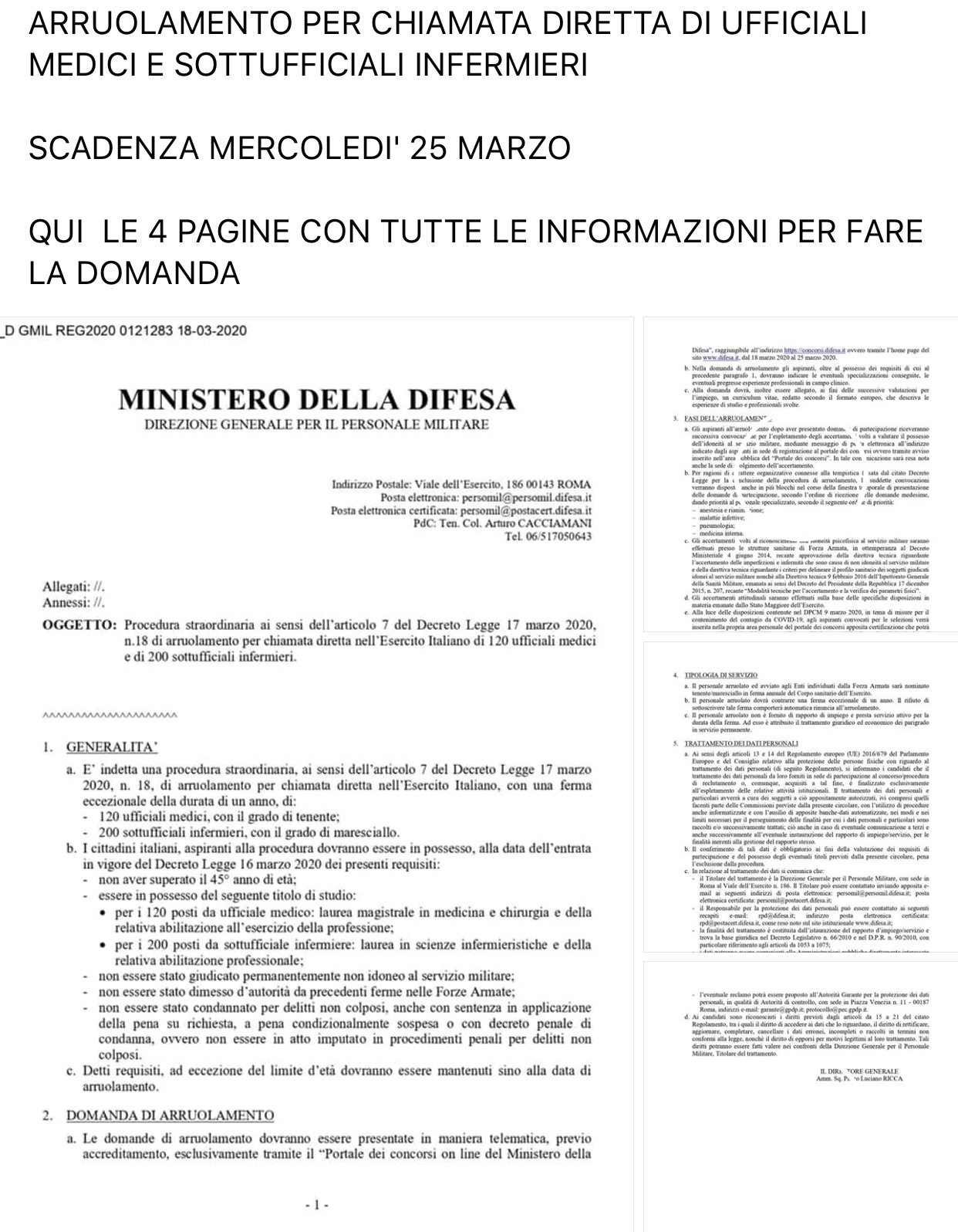Arruolamento per chiamata diretta medici ed infermieri