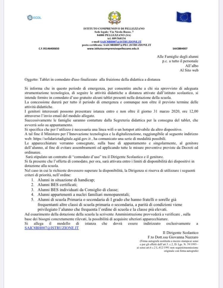 Istituto Comprensivo Pellezzano: comunicazione sulle lezioni a distanza