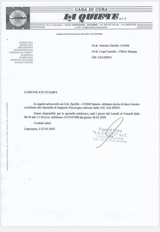 Sportello di supporto psicologico, il contributo del La Quiete