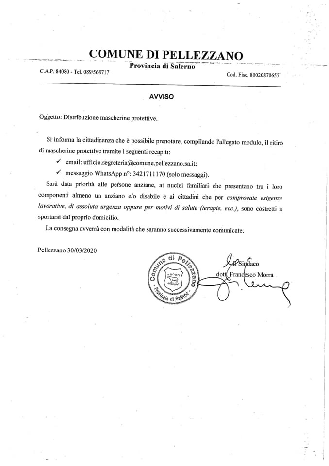 Richiesta distribuzione mascherine 