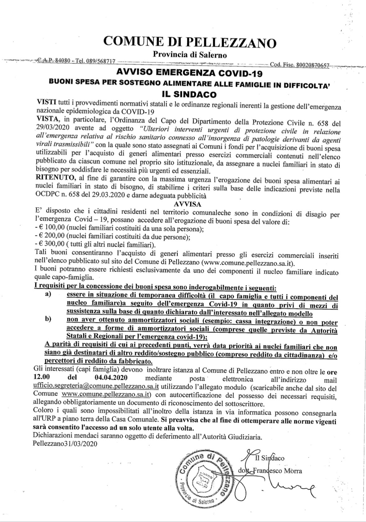 Richiesta buoni spesa per sostegno alimentare a causa COVID-19