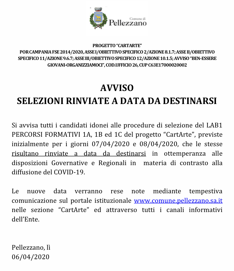 Selezioni CartArte: rinviate a data da destinarsi