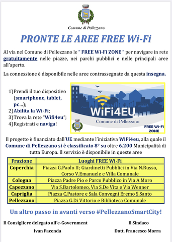 Pellezzano Smart City: da venerdì al via il Wi-Fi free nelle aree all’aperto