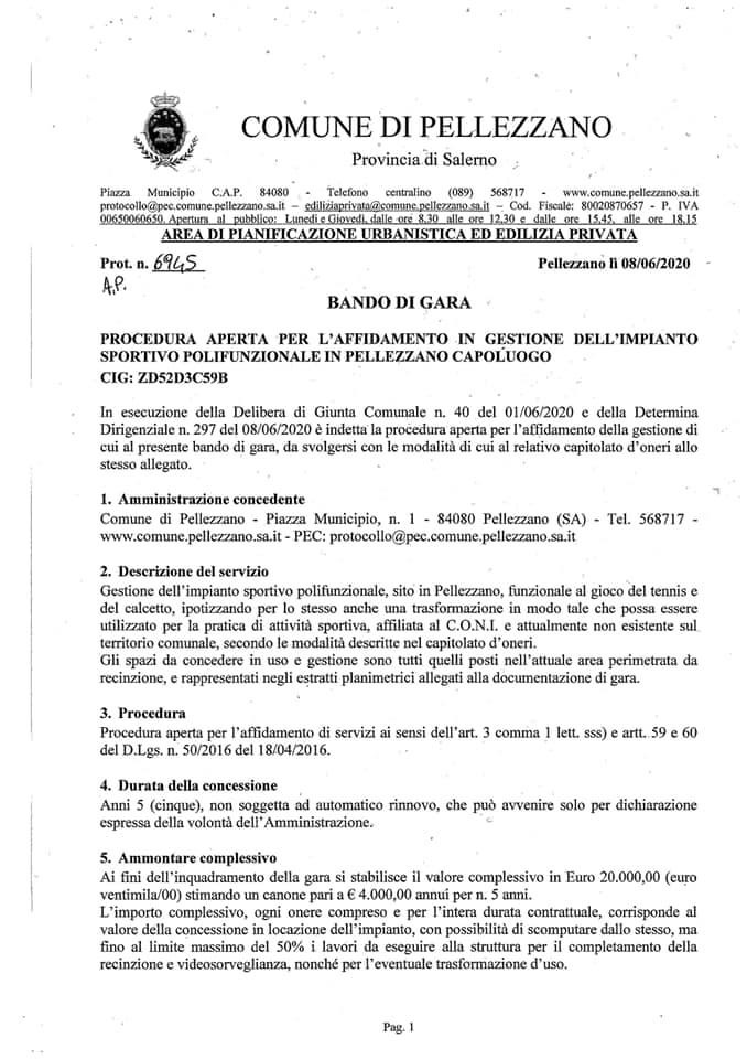 Bando per l’affidamento del campo di Pellezzano Capoluogo 