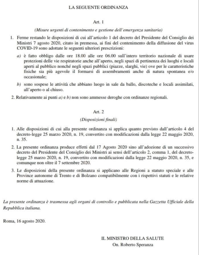 Obbligo di mascherine dalle 18:00 alle 06:00