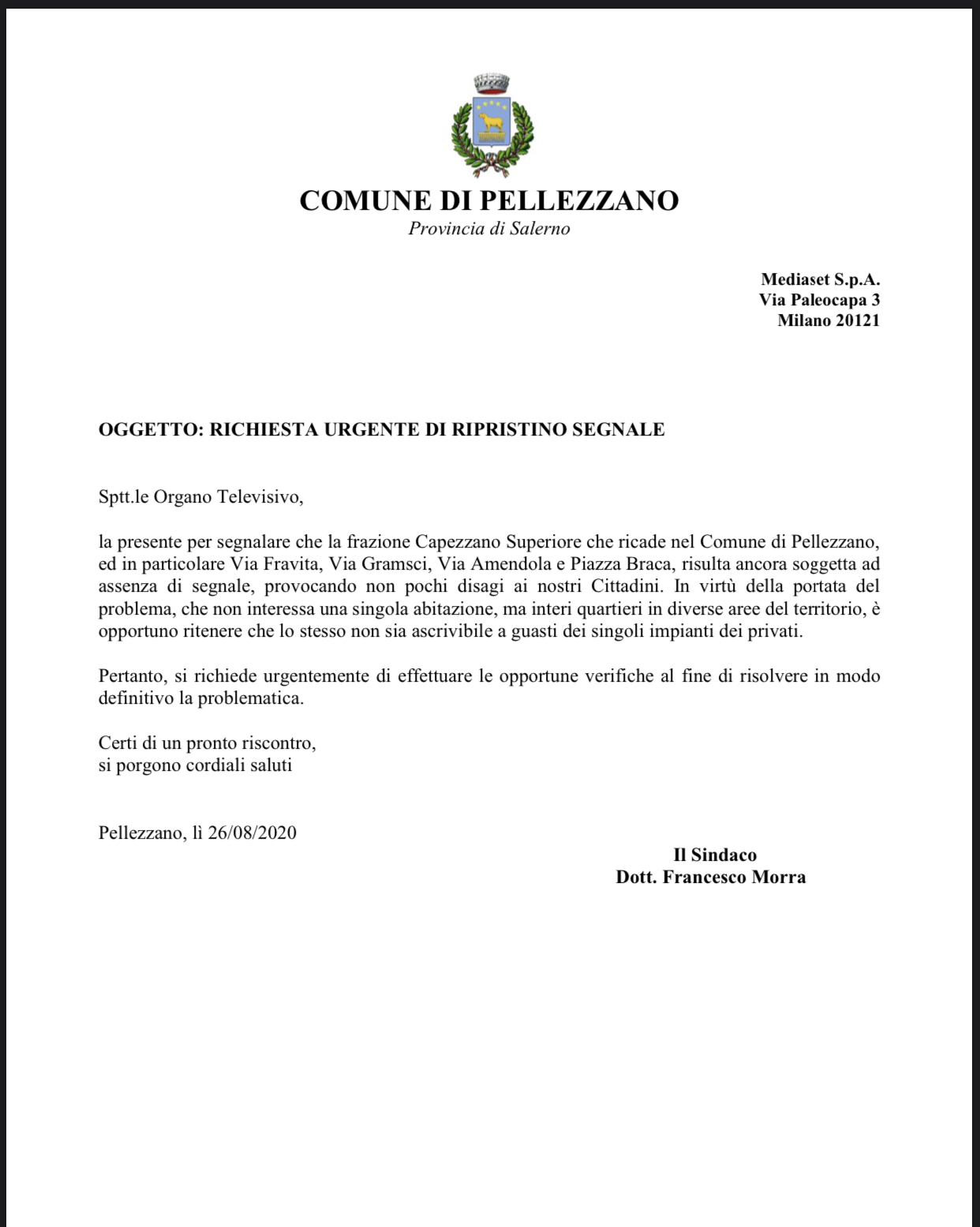 Assenza segnale Mediaset, il Comune scrive all’azienda