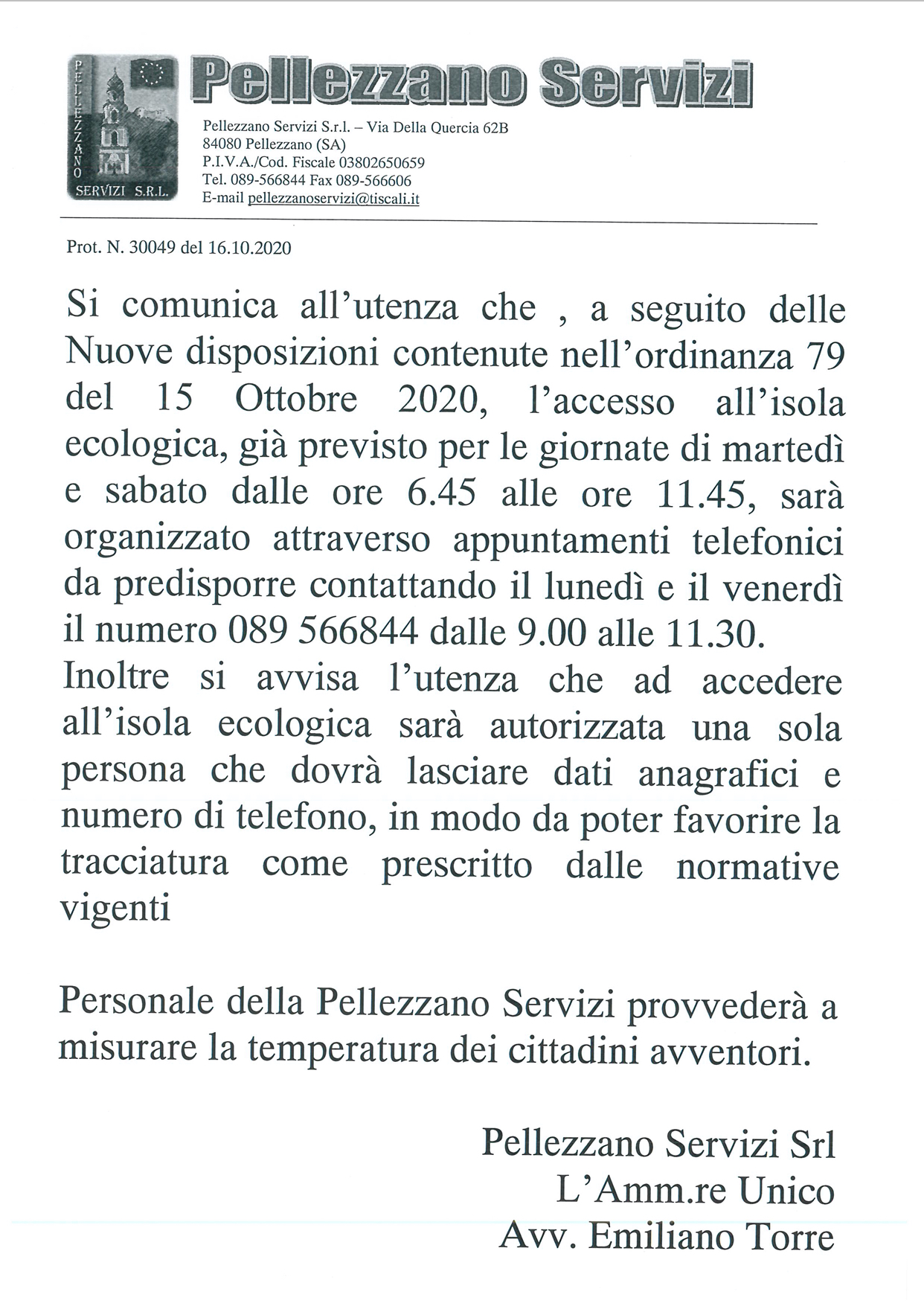 Disposizioni accesso centro di raccolta comunale 