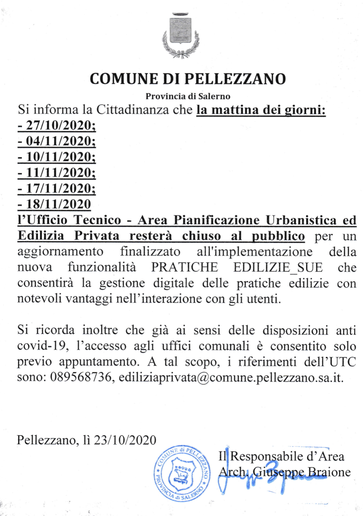 Chiusura ufficio edilizia privata per formazione 