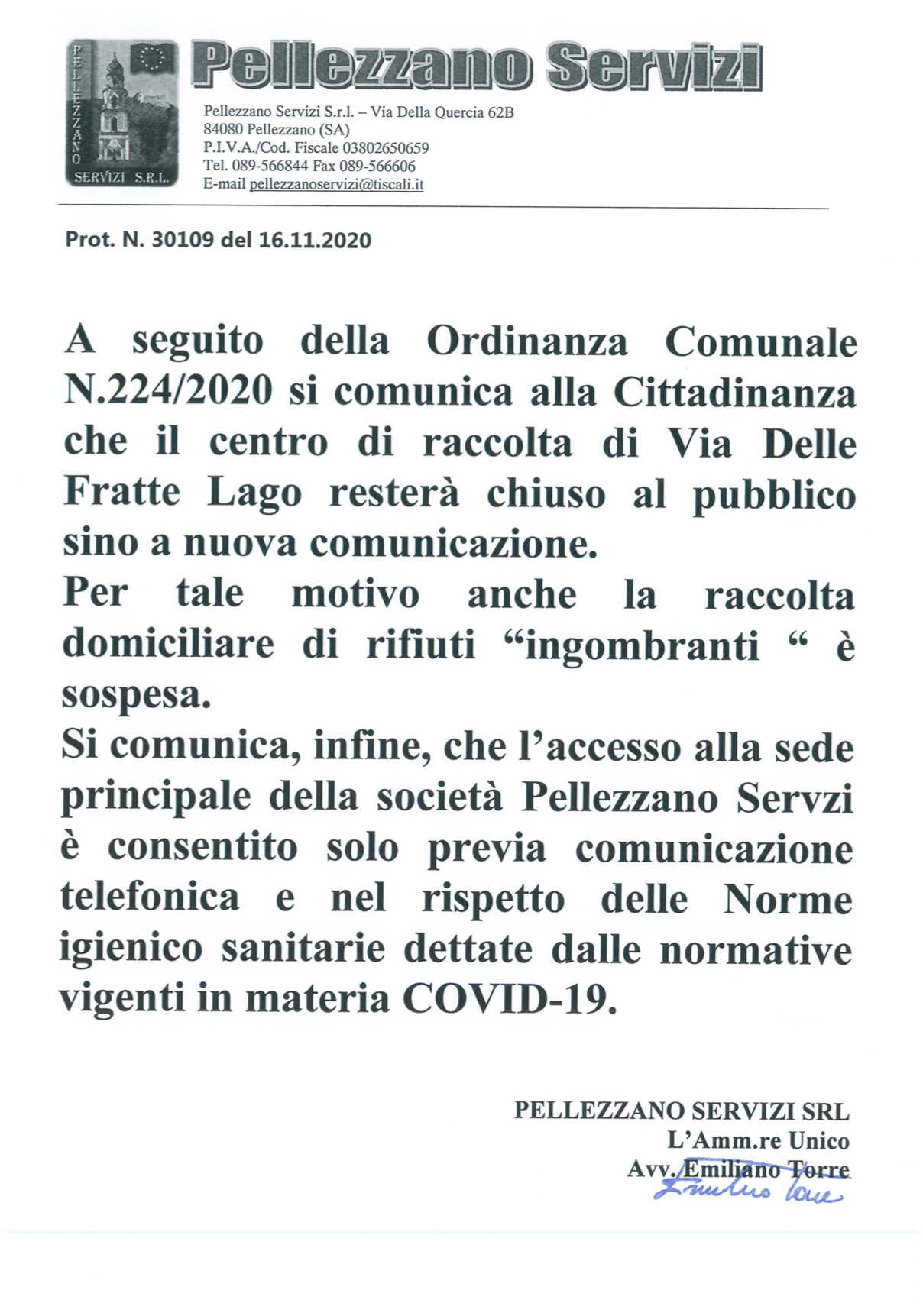 Chiusura del centro di raccolta 