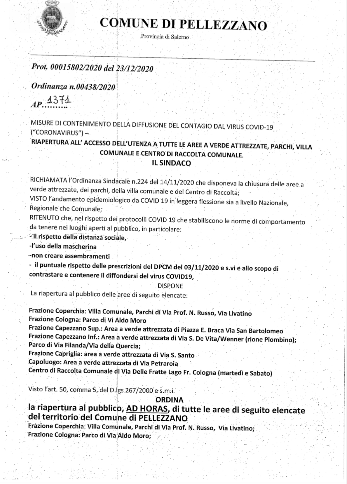 Riapertura dei parchi pubblici 
