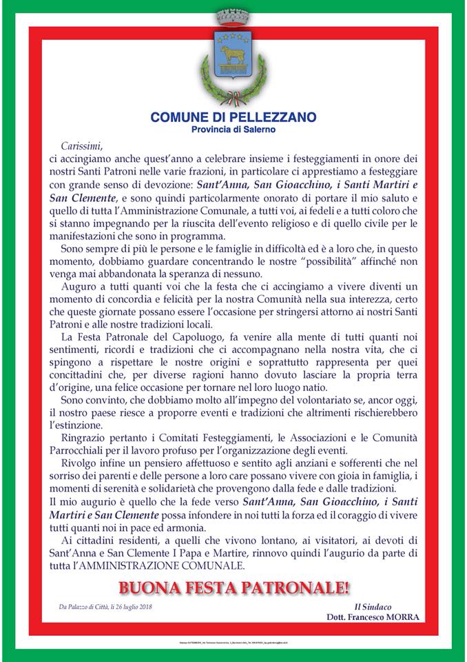Messaggio di Auguri del Sindaco in occasione delle Feste Patronali