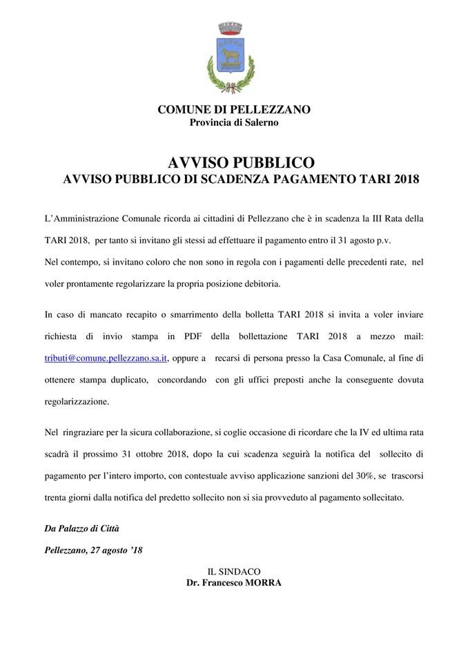 Avviso pubblico di scadenza pagamento tari 2018