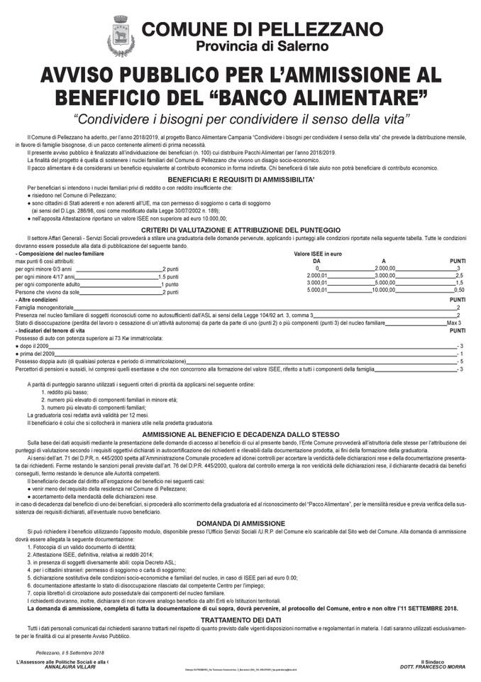 Avviso Pubblico per l’ammissione al beneficio del “BANCO ALIMENTARE”.