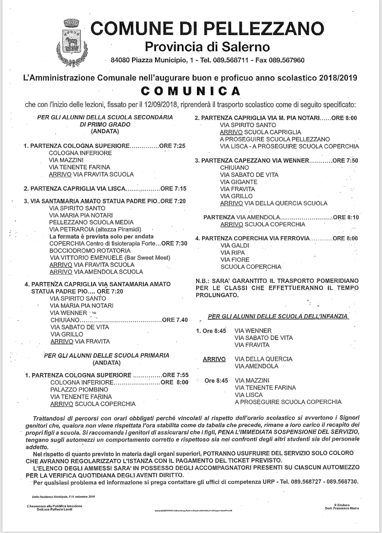 Trasporto scolastico 18/19: orari e fermate