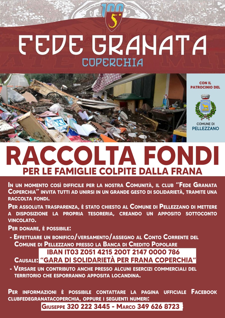 Raccolta fondi di Fede Granata Coperchia per le famiglie colpite dalla frana di Coperchia