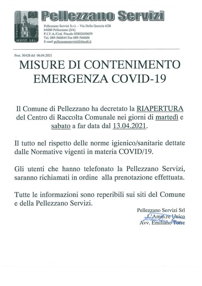 Centro di Raccolta Comunale: misure di contenimento COVID-19