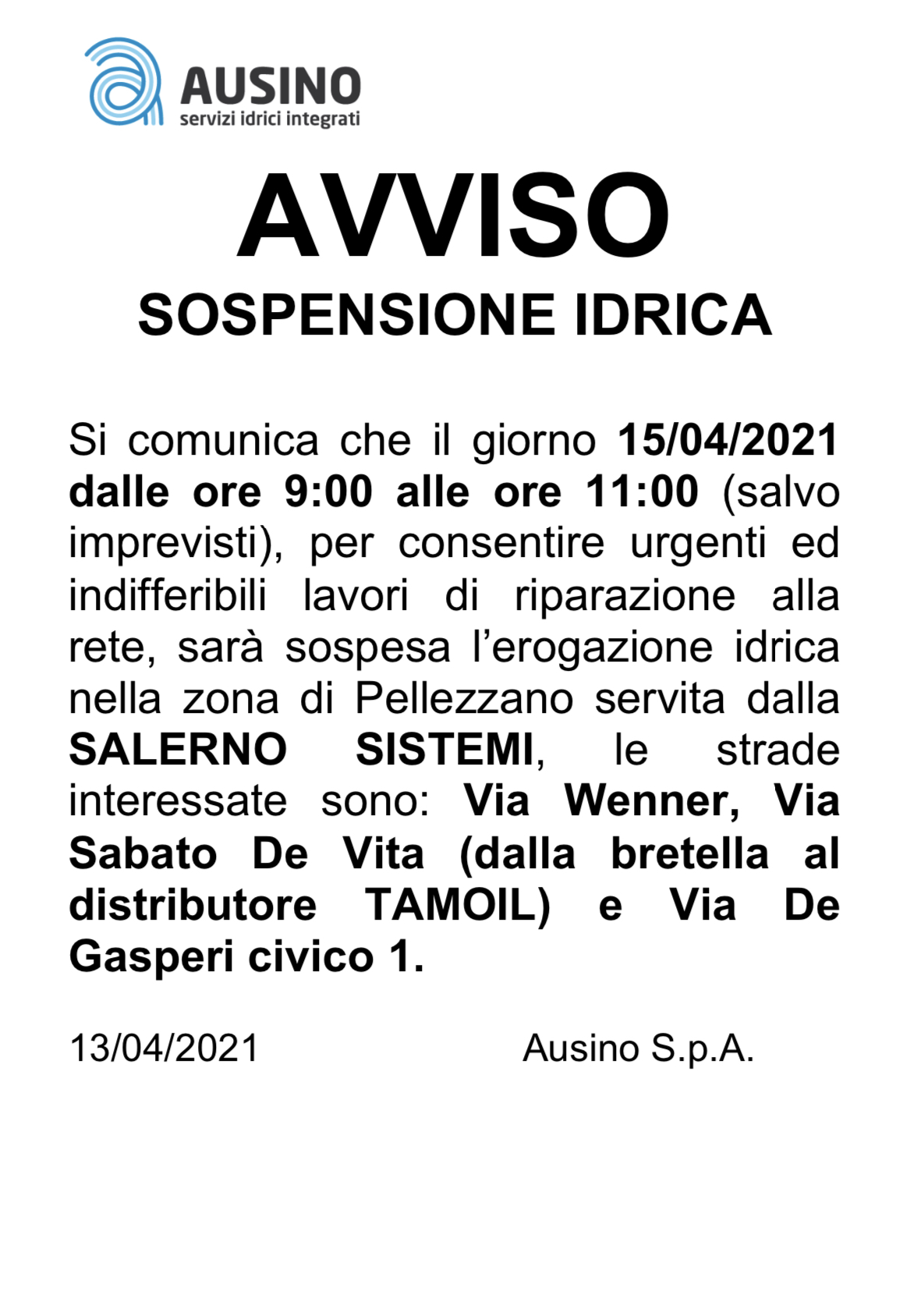 Sospensione idrica programmata