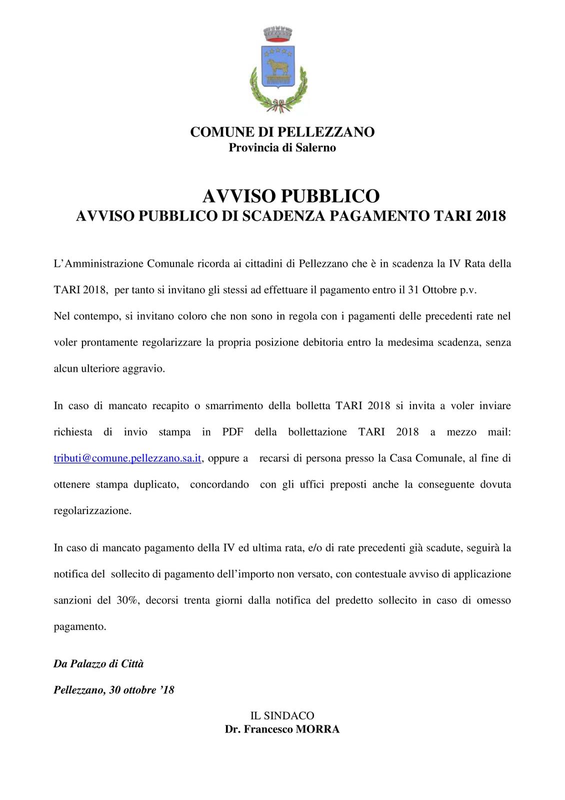 Scadenza pagamento IV rata TARI 2018