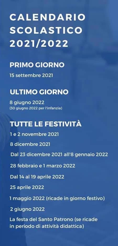 Calendario scolastico 2021/2022