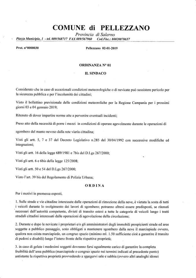 Ordinanza Sindacale per le forti gelate 