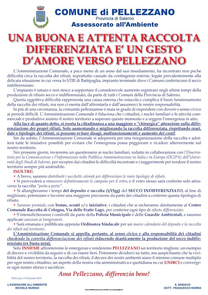 Una buona e attenta raccolta differenziata è un gesto d’amore verso Pellezzano