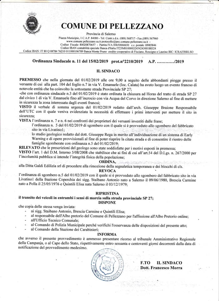 Frana SP27: nel tardo pomeriggio la riapertura 