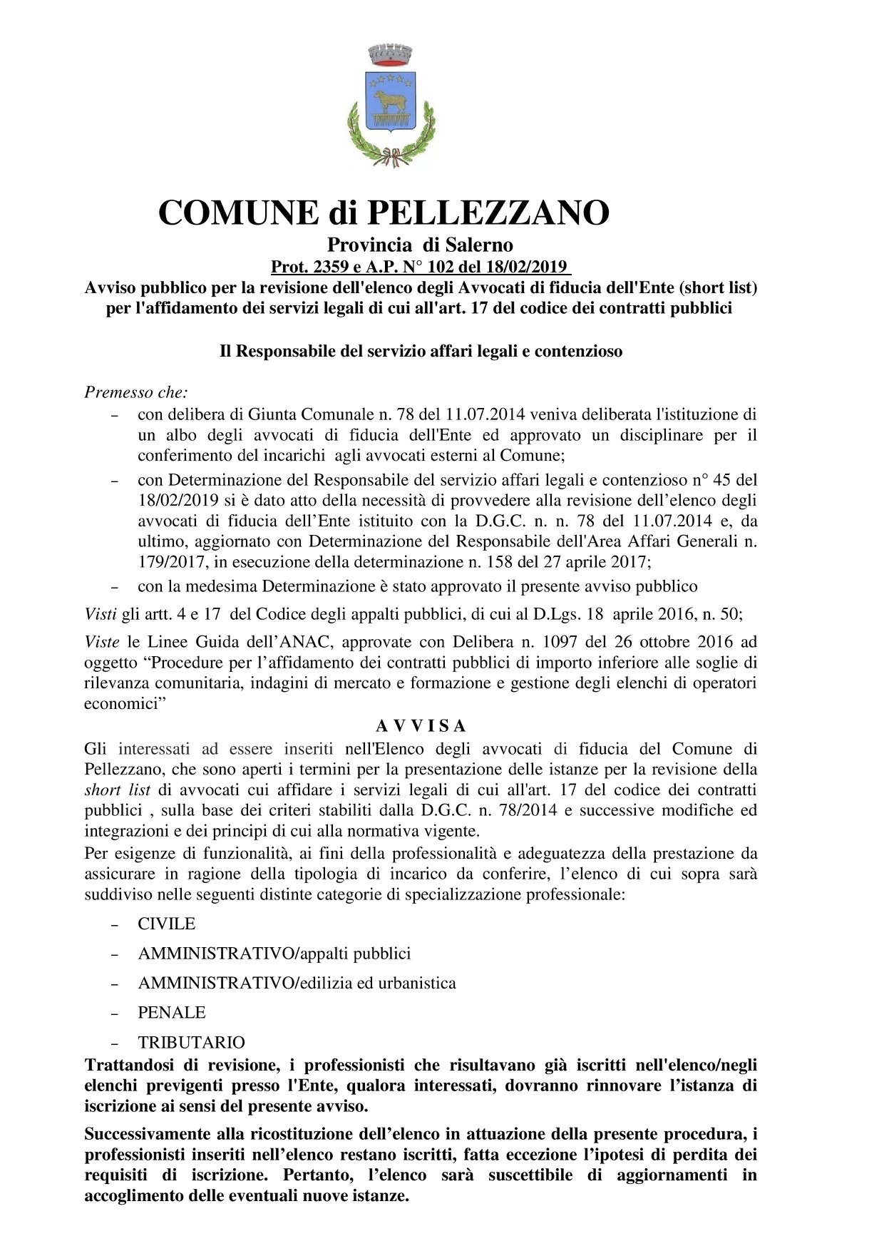 Avviso per la revisione dell’elenco degli avvocati di fiducia dell’Ente