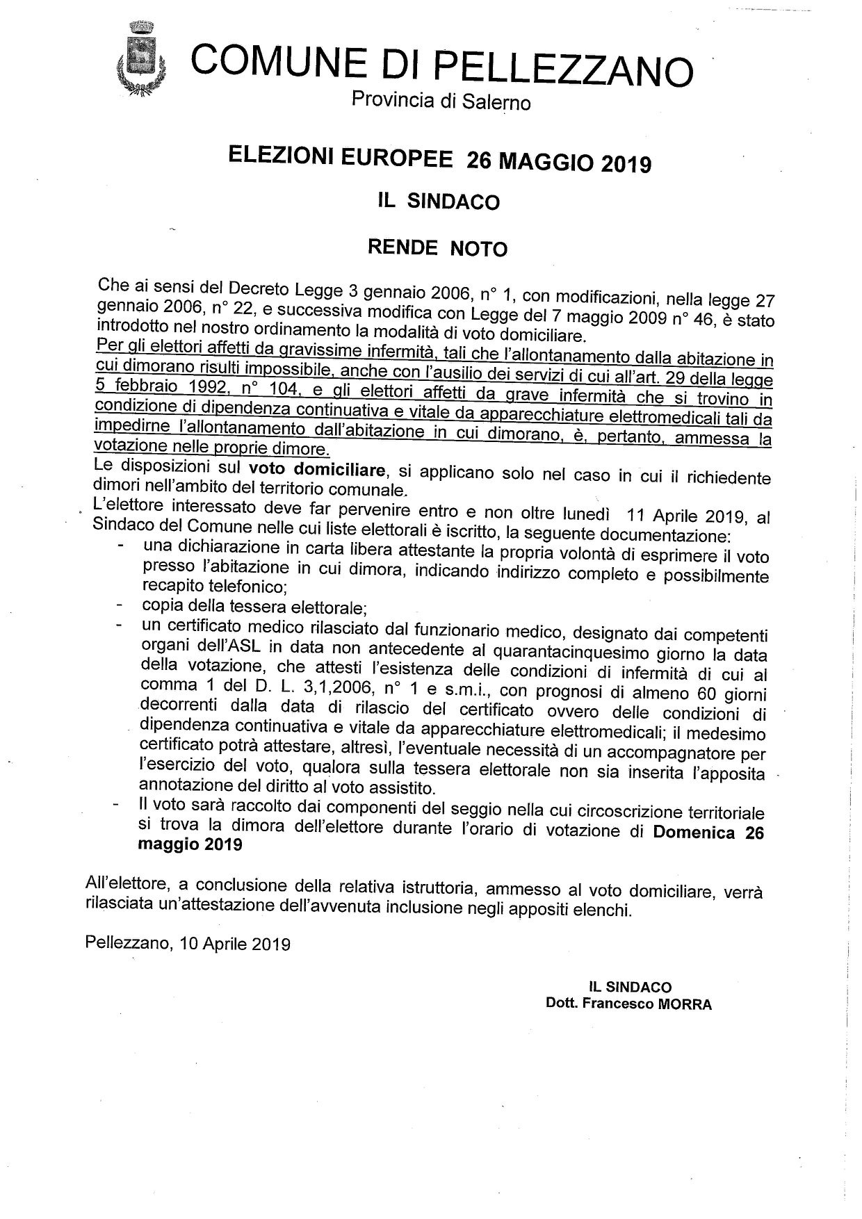 Disposizioni voto domiciliare Elezioni Europee 2019