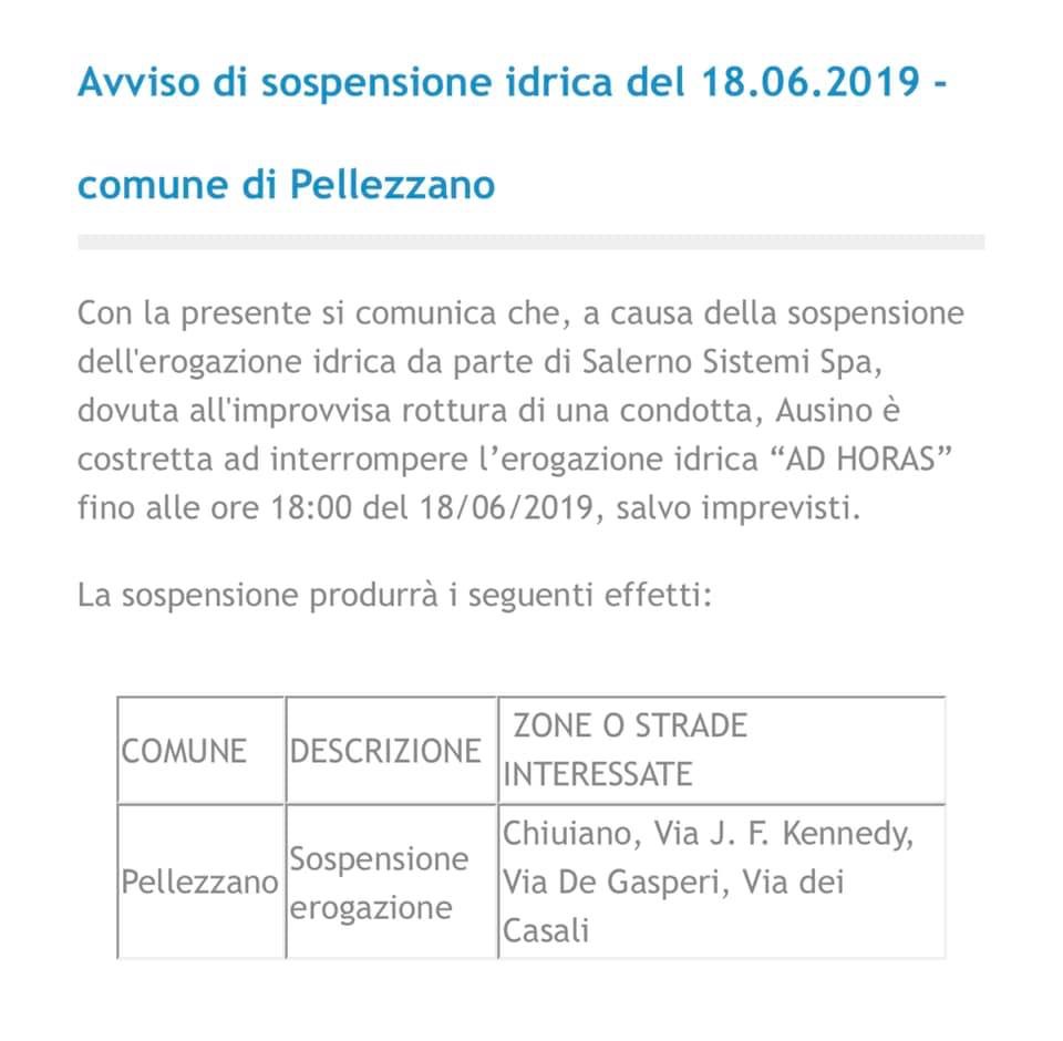 AVVISO IMPORTANTE SOSPENSIONE IDRICA AD HORAS LOC. Chiuiano - Via J. F. Kennedy - Via De Gasperi 