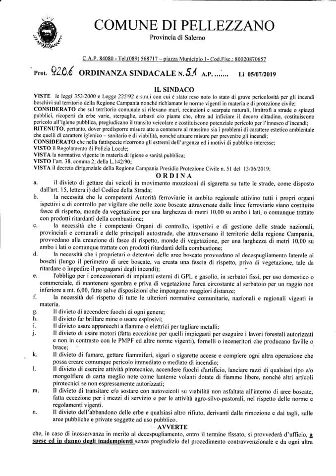 Ordinanza Sindacale per misure di prevenzione incendi boschivi anno 2019