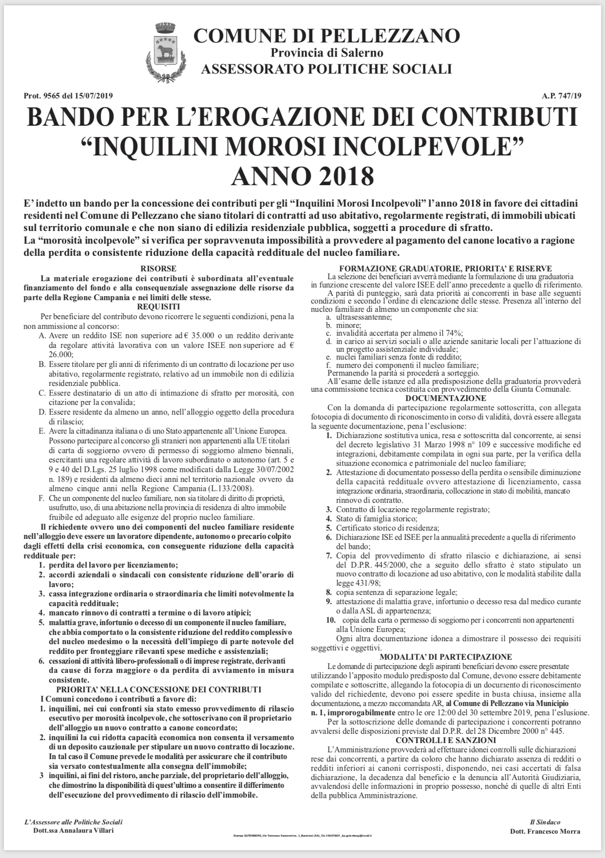 Inquilini morosi incolpevoli anno 2018