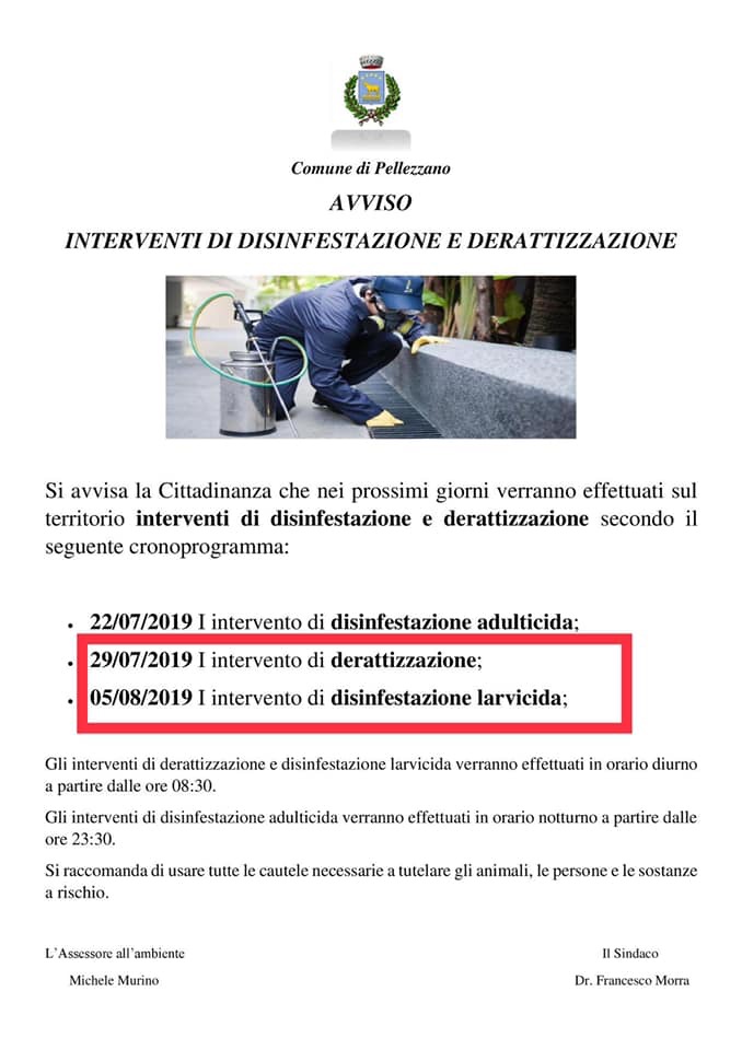 Cronoprogramma disinfestazioni e derattizzazioni