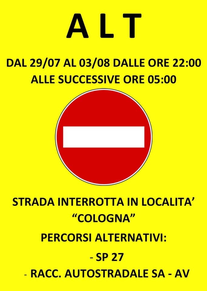 Chiusura SR88 in frazione Cologna (altezza Via Spontumata) dal 29/07 al 03/08 dalle ore 22:00 alle ore 05:00
